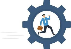 Businessman driving mechanical gear with laptop. Implementation of the process. Efficient work system control concept,  Businessman running in wheel gear vector