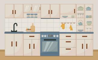 modern kitchen interior, flat style, furniture, dishes, appliances, stove, faucet, glasses, vector illustration