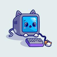 Cute Cat Computer With Mouse Cartoon Vector Icon Illustration. Animal Technology Icon Concept Isolated Premium Vector. Flat Cartoon Style