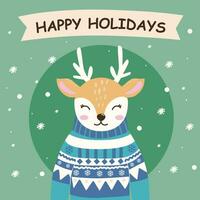 Cute deer in a Christmas sweater. Vector illustration. Christmas. For use on postcards, printing.