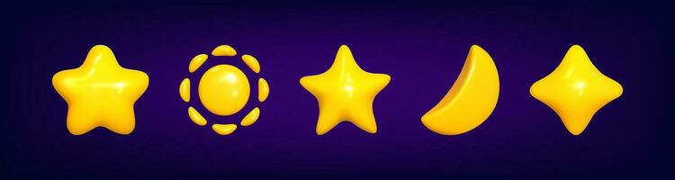 Half month and stars and sun yellow. Realistic 3d symbol design. Vector illustration. Realistic stars collection