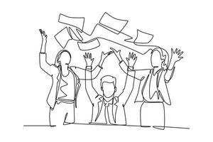 Single one line drawing group of happy male manager and assistant manager celebrating their success achieve the business target. Team work goal. Continuous line draw design graphic vector illustration