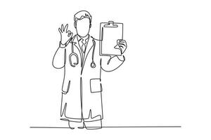 Continuous one line drawing of young happy male doctor showing medical to do list task on clipboard and giving good hand gesture. Medical check up. Single line draw design vector graphic illustration