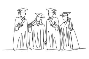 soltero uno línea dibujo grupo masculino y hembra Universidad estudiante espectáculo su graduación letra a celebrar su graduado desde escuela. educación. continuo línea dibujar diseño gráfico vector ilustración