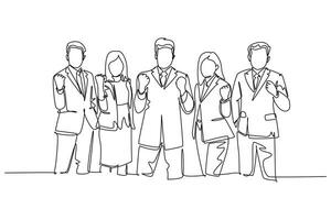 Single one line drawing group of business man and business woman line up to celebrate their success achieve the business target. Team work goal. Continuous line draw design graphic vector illustration