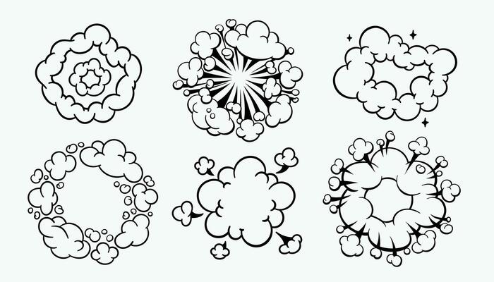 Comic clouds, cartoon vector clouds in line style isolated on light background.