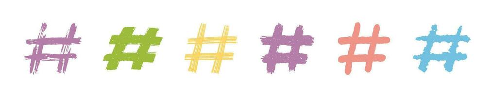 Hashtags, vector ink painted tag icons on white background. Hand Drawn vector illustration.