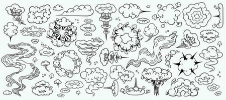 Comic clouds set, cartoon vector clouds in line style isolated on light background. Vector illustration