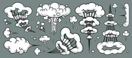Comic cloud or smoke, cartoon vector motion effects, and explosions isolated on gray background. Vector illustration