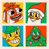 contento nuevo año y alegre Navidad retro dibujos animados tarjeta postal. Navidad tarjetas en maravilloso estilo con Papa Noel noel, regalo, Navidad árbol, y duende. vector dibujos animados caracteres y elementos