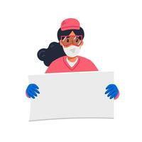 Young nurse in pink scrubs holding sign with stay home inscription vector