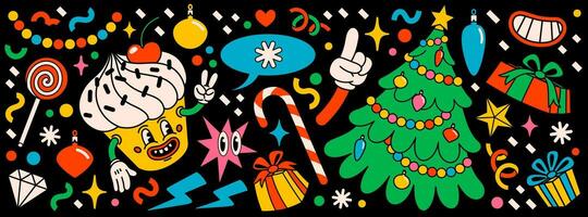 Merry Christmas and Happy New year pack of trendy retro cartoon characters. Groovy hippie Christmas stickers with Christmas tree, cupcake and winter objects. Vector Cartoon characters