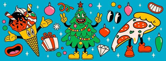 Merry Christmas and Happy New year pack of trendy retro cartoon characters vector