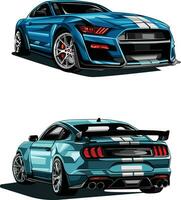 Illustration of a blue Mustang sports car with two white stripes on the hood. All illustrations are easy to use, editable and layered. Vector of a detailed muscle car isolated on a dark background