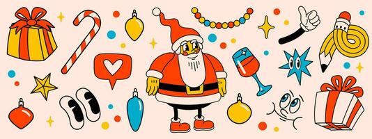 Merry Christmas and Happy New year pack of trendy retro cartoon characters. Groovy hippie Christmas stickers with Santa Claus and winter objects. Vector Cartoon characters and elements