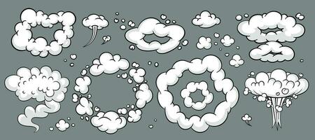 Comic cloud or smoke, cartoon vector motion effects, and explosions isolated on gray background. Vector illustration