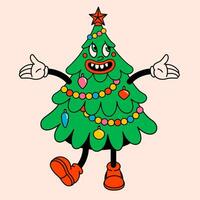 Merry Christmas and Happy New year trendy retro cartoon characters. Groovy hippie Christmas tree. Vector Cartoon characters and elements