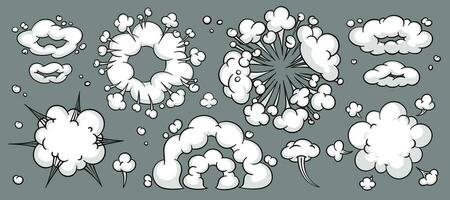 Comic cloud or smoke, cartoon vector motion effects, and explosions isolated on gray background. Vector illustration