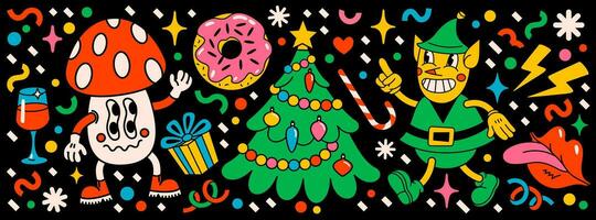 Merry Christmas and Happy New year pack of trendy retro cartoon characters. Groovy hippie Christmas stickers with Christmas tree, cupcake and winter objects. Vector Cartoon characters