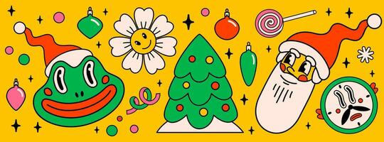 Merry Christmas and Happy New year pack of trendy retro cartoon characters. Groovy hippie Christmas stickers with Santa Claus, Christmas tree, frog and winter objects. Vector Cartoon