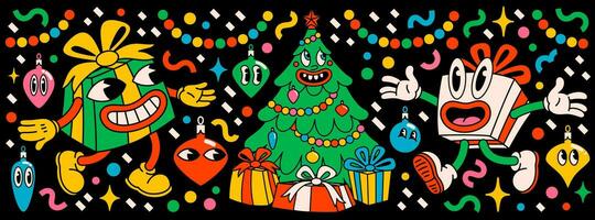 alegre Navidad y contento nuevo año paquete de de moda retro dibujos animados caracteres. maravilloso hippie Navidad pegatinas con Navidad árbol, regalos y invierno objetos. vector dibujos animados caracteres