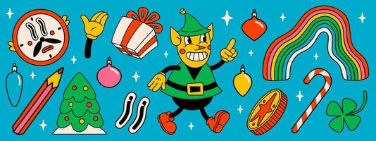 alegre Navidad y contento nuevo año de moda retro dibujos animados caracteres. maravilloso hippie Navidad santas duende y invierno objetos. vector dibujos animados caracteres y elementos