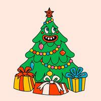 Merry Christmas and Happy New year trendy retro cartoon characters. Groovy hippie Christmas tree. Vector Cartoon characters and elements