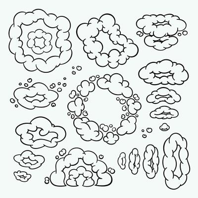 Comic clouds, cartoon vector clouds in line style isolated on light background.