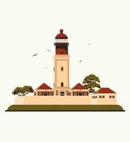 Lighthouse - vector landscape. Sea landscape with beacon on the beach on sunset. Vector horizontal illustration in flat cartoon style