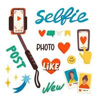 Selfie stick, and stickers for making a blog or vlog vector illustration. Cartoon icons for making internet content vector flat illustration