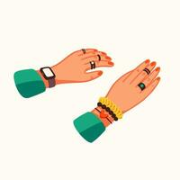 Female hands with bracelets and rings, vector flat illustration. young girl with typing and making content for a blog or vlog.