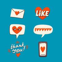 Social media stickers, like, heart, letter, etc. Making a blog or vlog vector flat illustration. Set of cartoon icons for making stories or internet content.