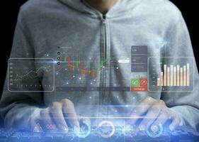 Planning and Strategy Stock Market Business Growth progress or success Businessman or trader hand touches showing virtual hologram stock invest in trading photo