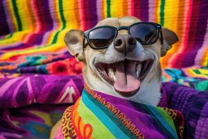 Chihuahua Beach Day - Playful Pup with Sunglasses on Colorful Towel - AI generated photo