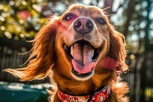 Joyful Dog with Tongue Out Enjoying Sunny Day at Park - Close-up Lifestyle Photo - AI generated