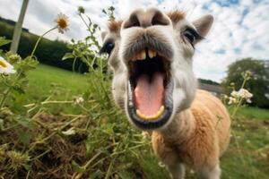 mullido alpaca con tonto cara y cruzado ojos - de cerca humorístico retrato en granja - ai generado foto