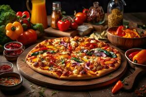 Colorful Vegetarian Pizza on Rustic Wooden Board - Appetizing Culinary Art Food Photography - AI generated photo