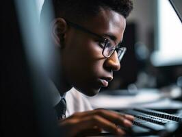 Intense Focus - Close-up of Person Typing on Keyboard in Sleek Modern Office Environment - AI generated photo