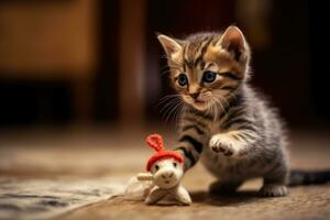 Curious Kitten Playing with Toy Mouse in Warm Home Environment - Close-up Animal Photo - AI generated