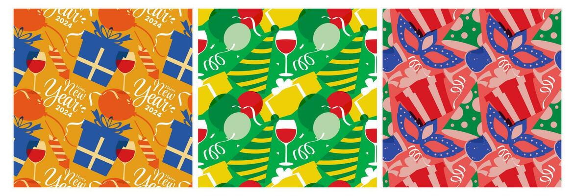 Set of Happy New Year 2024 Seamless Pattern Illustration with Elements New Years Background Design