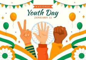 contento internacional juventud día de India vector ilustración con indio bandera y joven Niños o muchachas unión en plano niños dibujos animados antecedentes