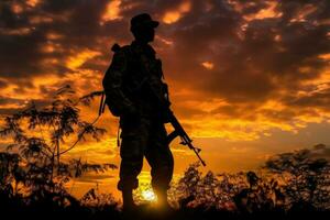 patriótico soldado silueta en contra vibrante puesta de sol cielo en guerra escena - ai generado foto