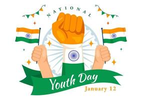 contento internacional juventud día de India vector ilustración con indio bandera y joven Niños o muchachas unión en plano niños dibujos animados antecedentes