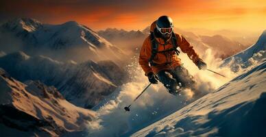 esquí Pendiente en el Alpes, alpino esquiar, invierno recreación Deportes - ai generado imagen foto