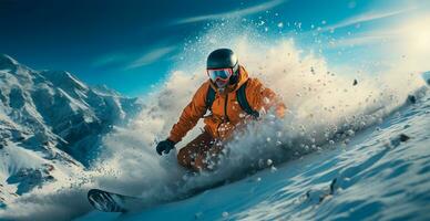 esquí Pendiente en el Alpes, montaña descendencia en invierno en un snowboard, invierno Deportes fiesta - ai generado imagen foto