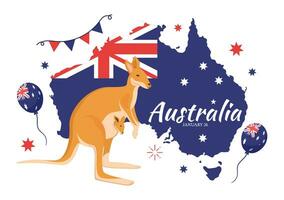 contento Australia día vector ilustración en 26 enero con mapa y australiano bandera para bandera o póster en plano dibujos animados antecedentes diseño