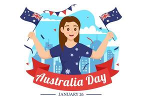 contento Australia día vector ilustración en 26 enero con mapa y australiano bandera para bandera o póster en plano dibujos animados antecedentes diseño