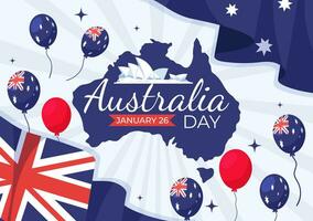 contento Australia día vector ilustración en 26 enero con mapa y australiano bandera para bandera o póster en plano dibujos animados antecedentes diseño