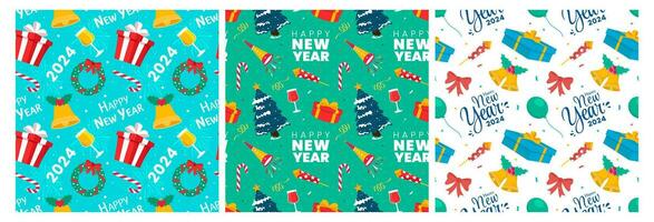 Set of Happy New Year 2024 Seamless Pattern Illustration with Elements New Years Background Design vector