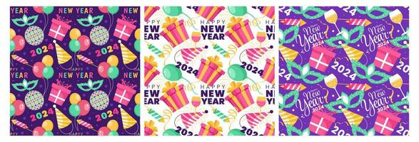 Set of Happy New Year 2024 Seamless Pattern Illustration with Elements New Years Background Design vector